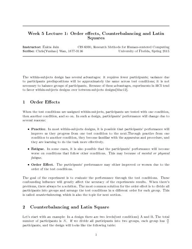 Week5Lecture1:Ordereects,CounterbalancingandLatinSquaresInstructor:Ea