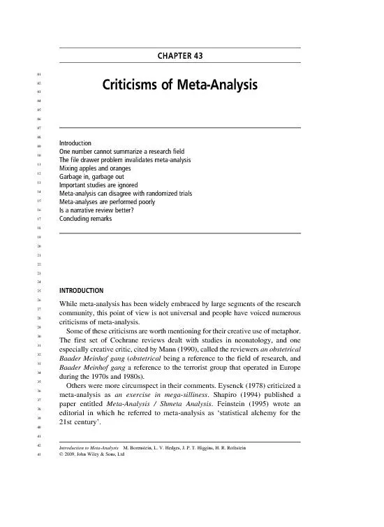 CHAPTER43CriticismsofMeta-AnalysisIntroductionOnenumbercannotsummarize