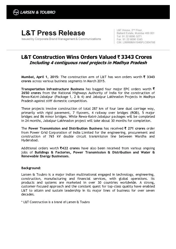 L&T Construction Wins Orders Valued