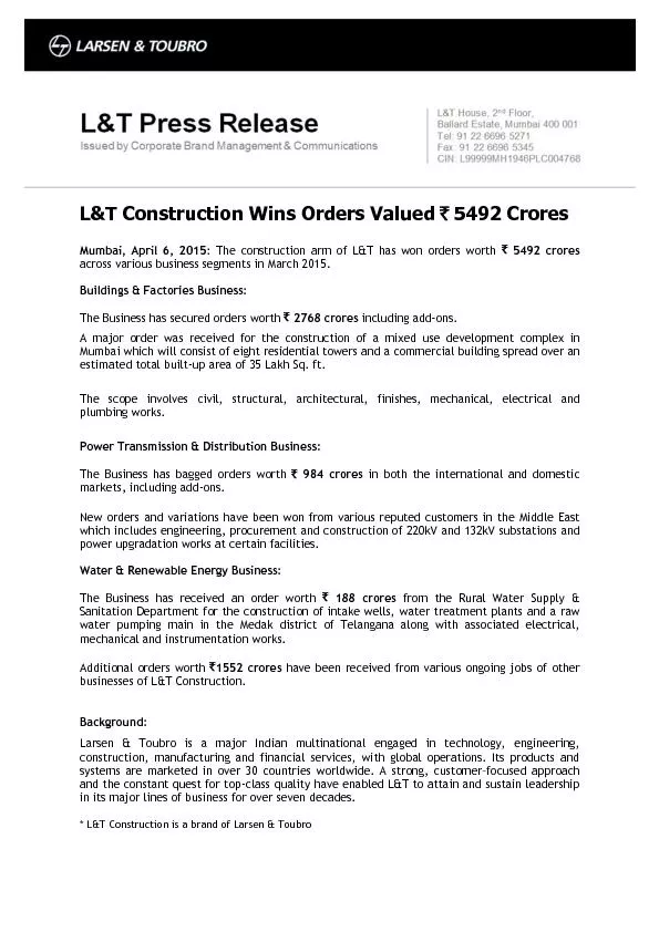 L&T Construction Wins Orders Valued