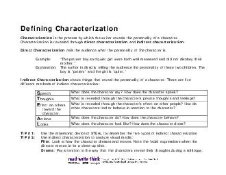 Defining Characterization Characte rization i the proc ess by which the writer reve s the personality of a chara ter