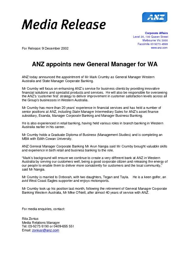 For Release: 9 December 2002  ANZ appoints new General Manager for W
