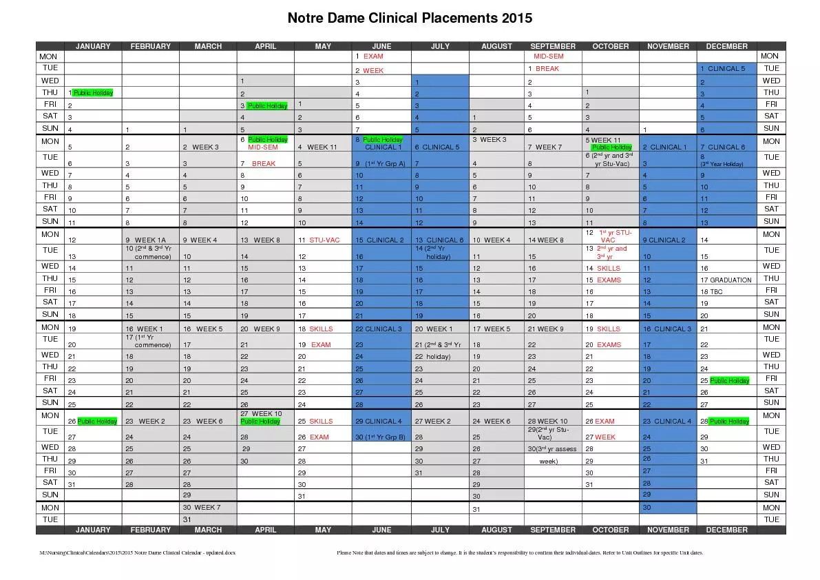 2015 Notre Dame Clinical Calendar