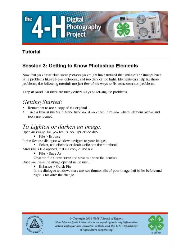 Tutorial  Session 3: Getting to Know Photoshop Elements  Now that you