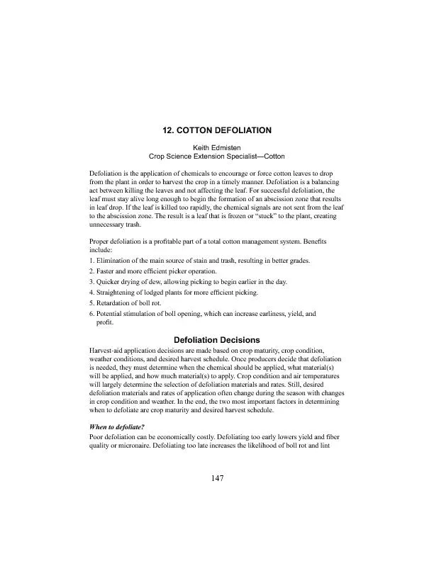 14712. COTTON DEFOLIATIONKeith EdmistenCrop Science Extension Speciali