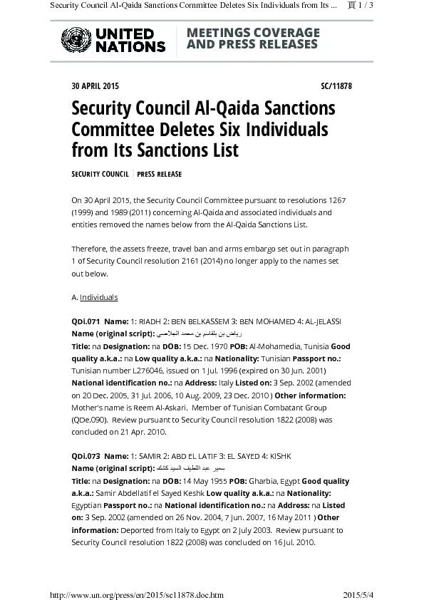 SECURITY COUNCILPRESS RELEASEOn 30 April 2015, the Security Council Co