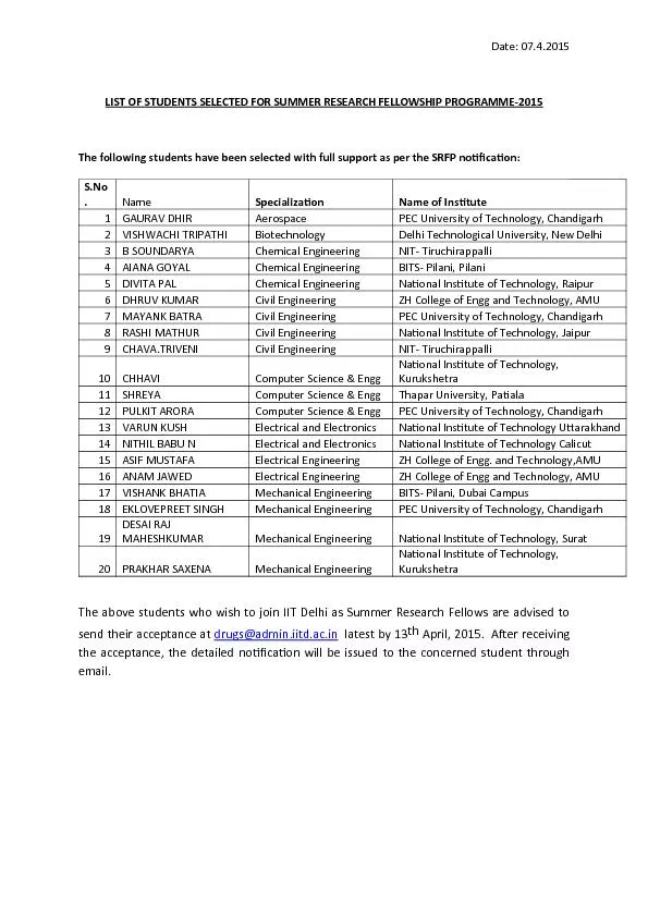 LIST OF STUDENTS SELECTED FOR SUMMER RESEARCH FELLOWSHIP PROGRAMME-201