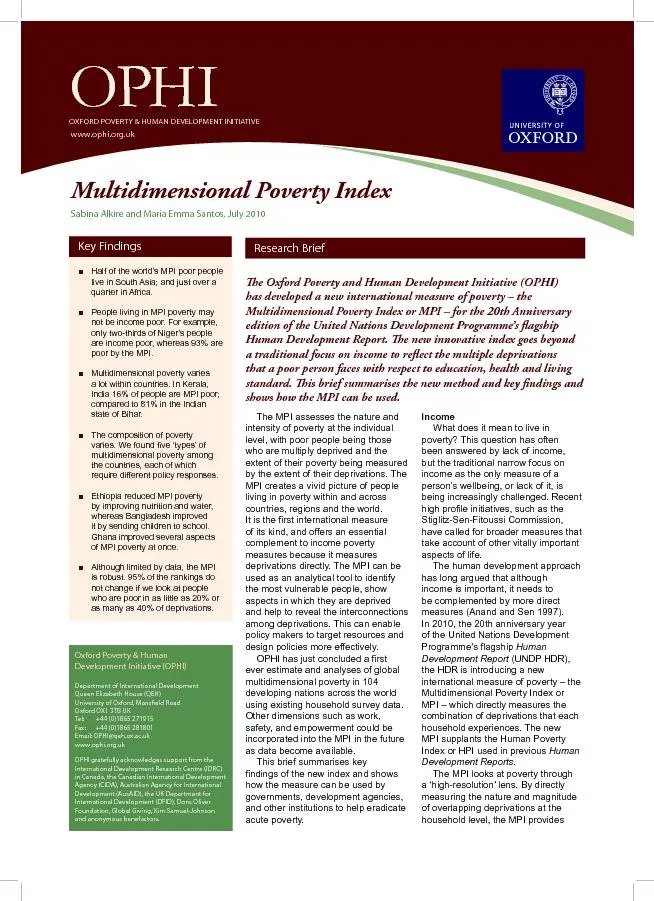 Multidimensional Poverty IndexSabina Alkire and Maria Emma Santos, Jul