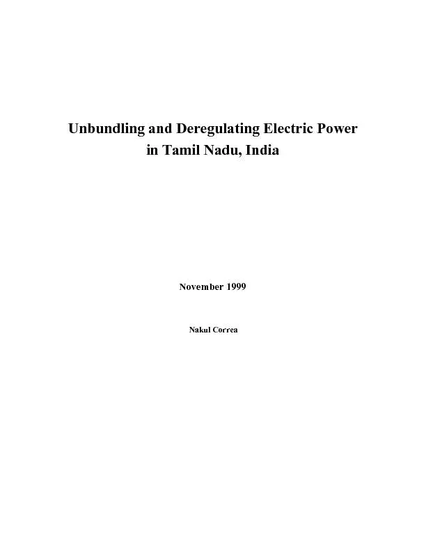 Unbundling and Deregulating Electric Power in Tamil Nadu, India