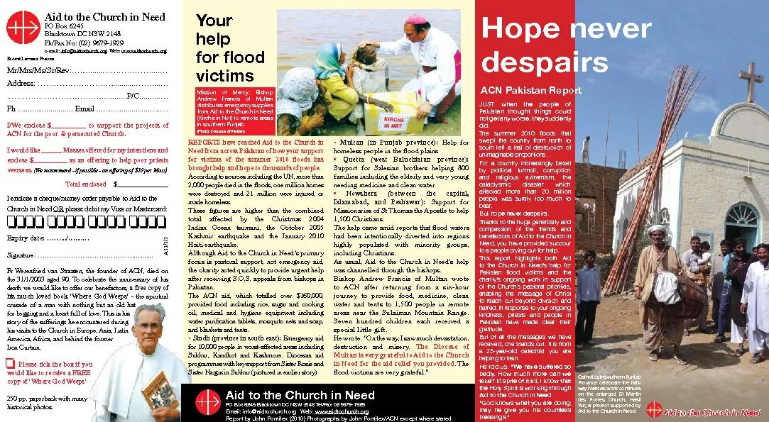 Aid to the Church in NeedPO Box 6245Blacktown DC NSW 2148Ph/Fax No: (0