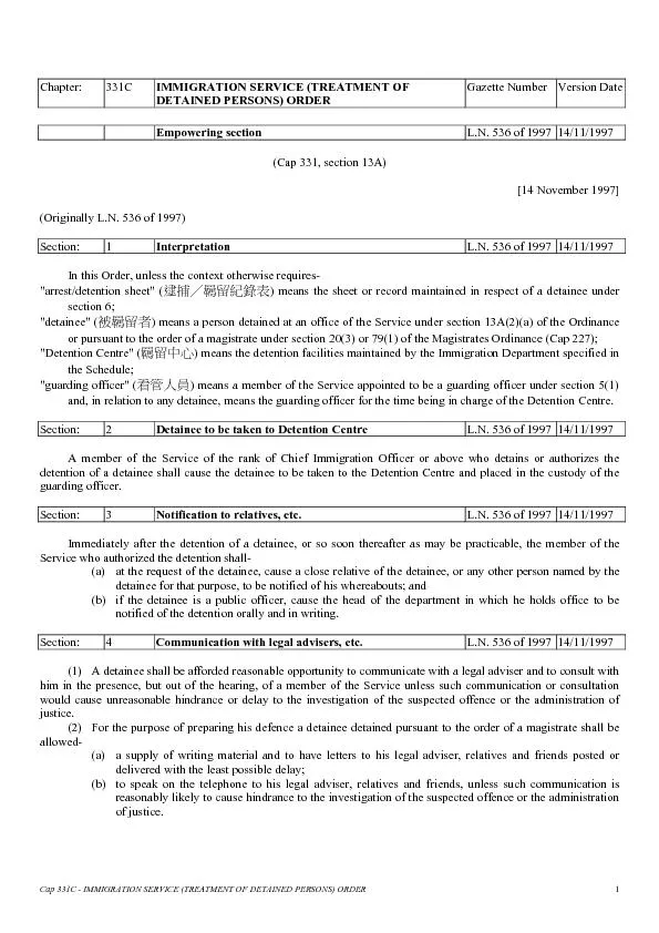 Cap 331C - IMMIGRATION SERVICE (TREATMENT OF DETAINED PERSONS) ORDER C