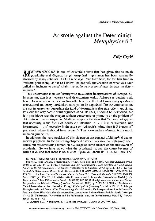 Institute of Philosophy, Zagreb Aristotle against the Determinist: Met