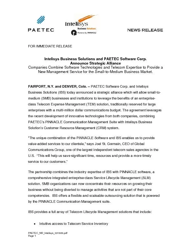 FOR IMMEDIATE RELEASE Intelisys Business Solutions and PAETEC Software