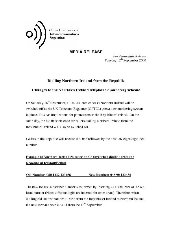MEDIA RELEASE Immediate  September 2000 Changes to the Northern Irelas