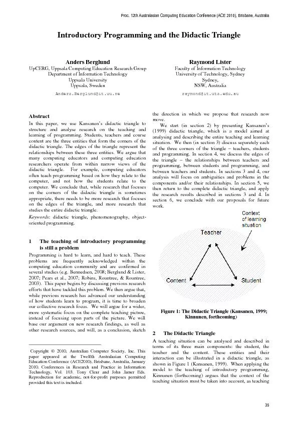 Introductory Programming and the Didactic Triangle Anders Berglund  Up
