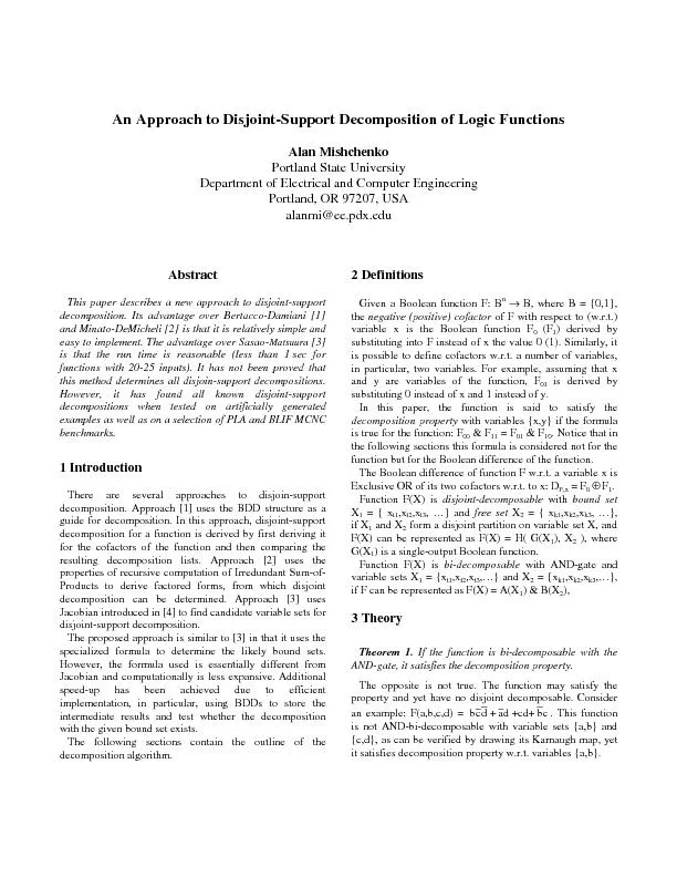 An Approach to Disjoint-Support Decomposition of Logic Functions Alan