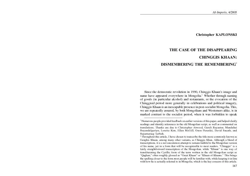 C. KaplonskiThe Case of the Disappearing Chinggis Khaan...