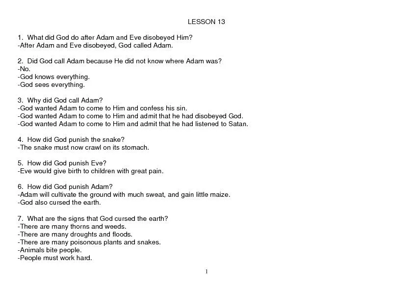 1 LESSON 13  1.  What did God do after Adam and Eve disobeyed Him? -Af
