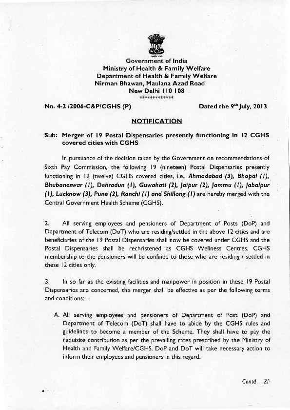 oa Government of India NOTIFICATION  Sub: Merger of 19 Postal Dispensa
