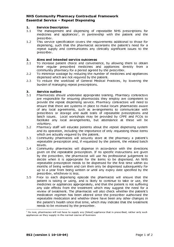 ES2 (version 1 10-10-04)  Page 1 of 2 NHS Community Pharmacy Contractu