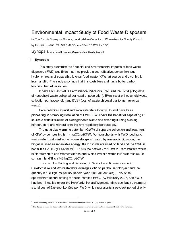 Page 1 of 3 Environmental Impact Study of Food Waste Disposersfor The