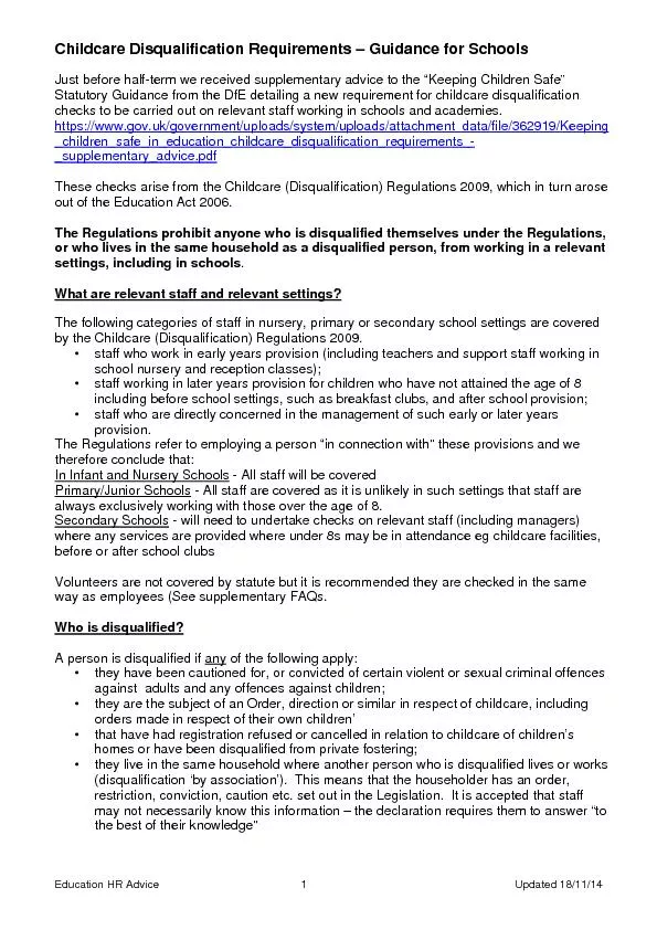 Education HR Advice 1 Updated 18/11/14 Childcare Disqualification Requ