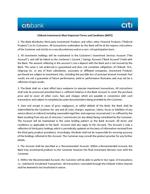 Citibank Investments Most Important Terms and Conditions (MITC)
...