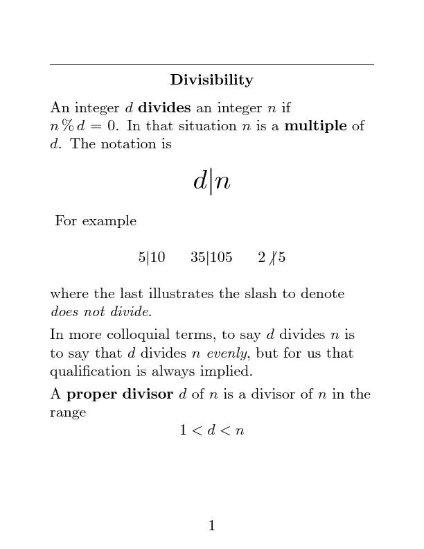 DivisibilityAnintegerddividesanintegernifn%d=0.Inthatsituationnisamult