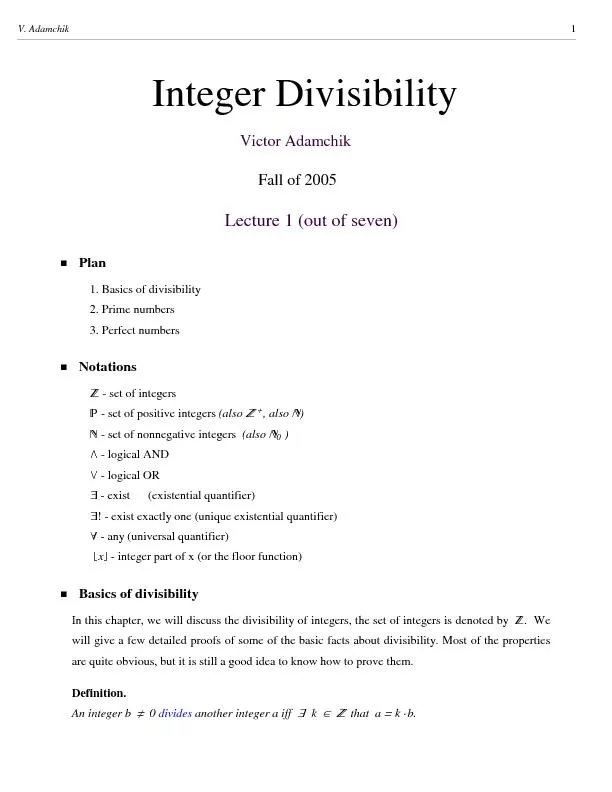 Integer DivisibilityVictor Adamchik        Fall of 2005       Lecture