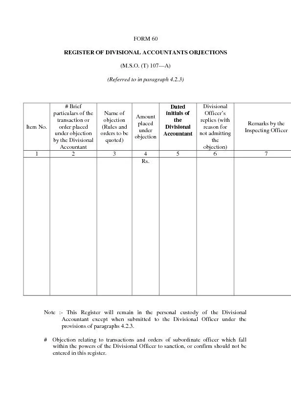 FORM 60 REGISTER OF DIVISIONAL ACCOUNTANTS OBJECTIONS (M.S.O. (T) 107