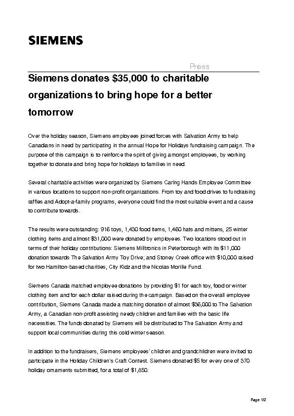 Siemens donates $35,000 to charitable rganizations toringhope for a be
