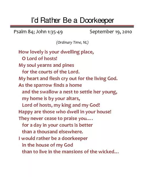 I’d Rather Be a DoorkeeperPsalm 84; John 1:3549