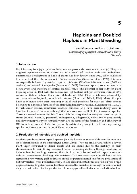 5 Haploids and Doubled  Haploids in Plant Breeding Jana Murovec and Bo