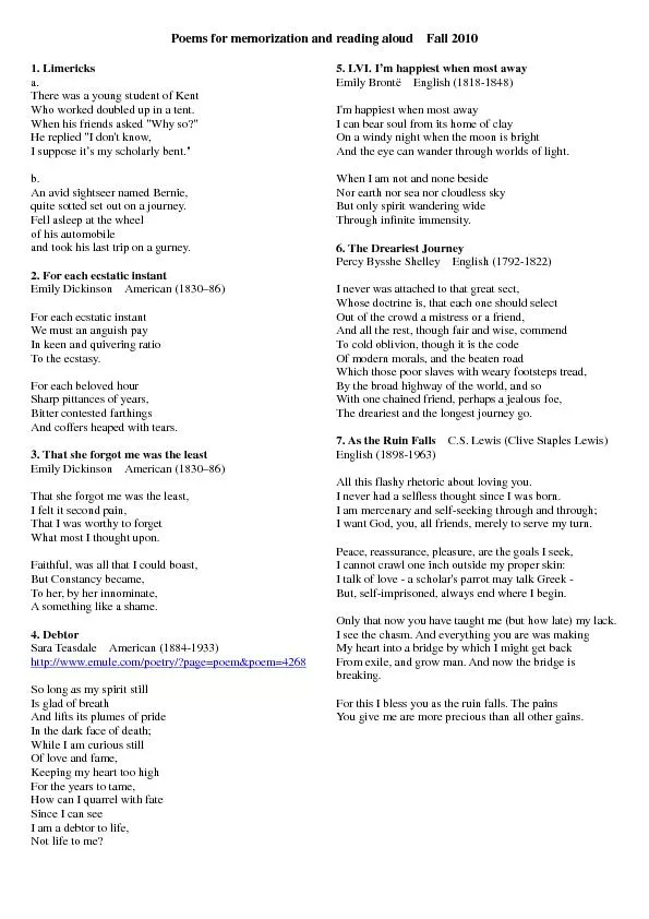 Poems for memorization and reading aloud  Fall 20101. Limericks a.  Th