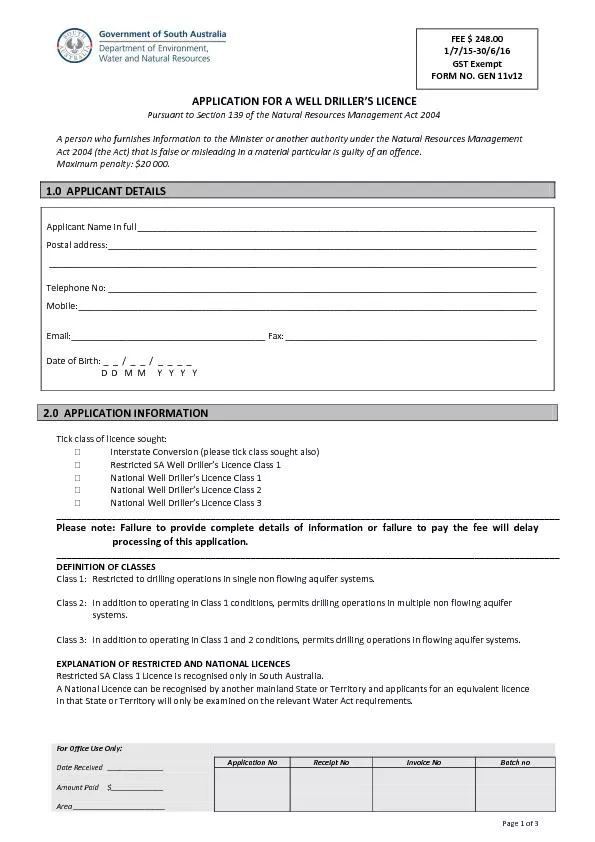 APPLICATION FOR A WELL DRILLER’S LIC