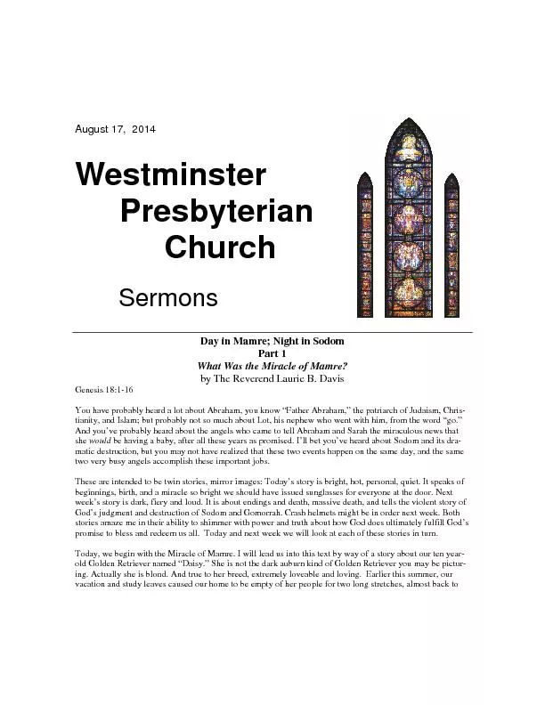 August 17,  2014 Westminster      Presbyterian           Church Sermon