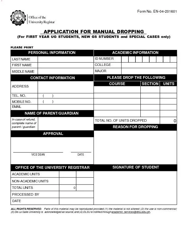 APPLICATION FOR MANUAL DROPPING(For FIRST YEAR UG STUDENTS, NEW GS STU