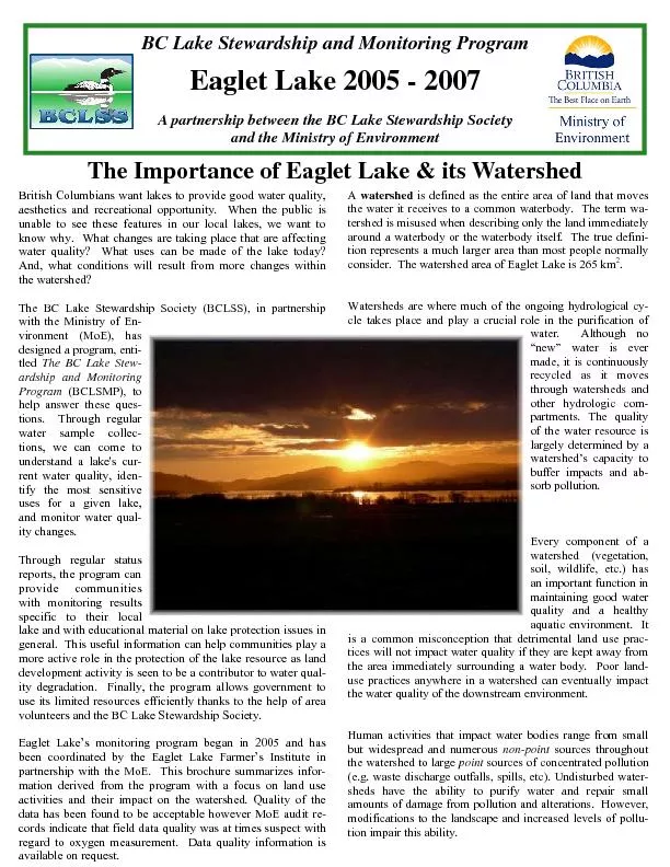 The Importance of Eaglet Lake & its WatershedBritish Columbians want l