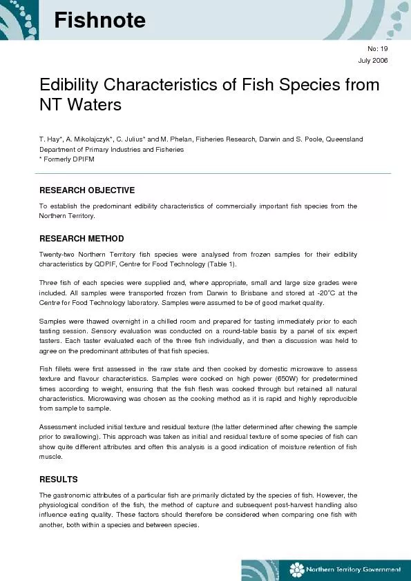 Edibility Characteristics of Fish Species from NT Waters