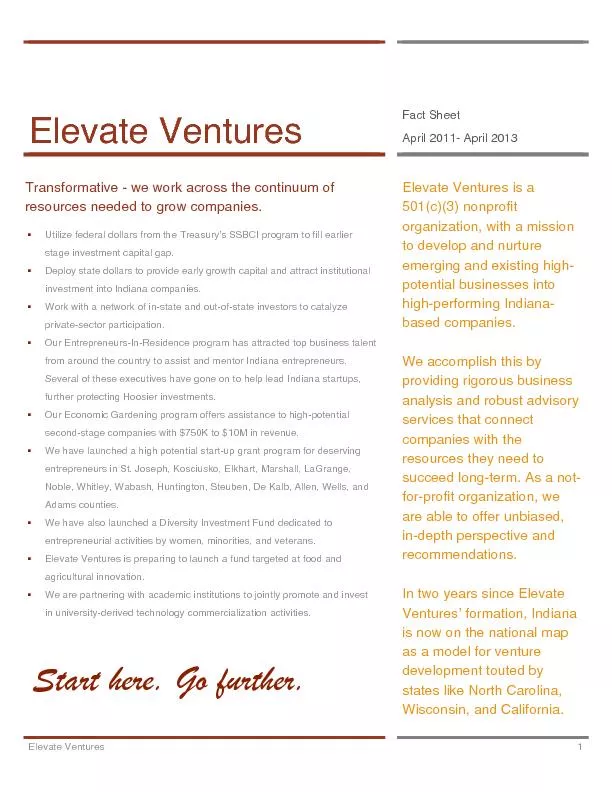 Elevate Ventures  Fact Sheet April 2011- April 2013