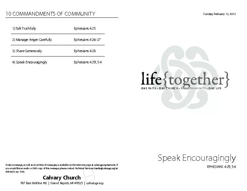 Sunday, February 12, 2012Speak EncouraginglyEPHESIAN 4:29, 5:4