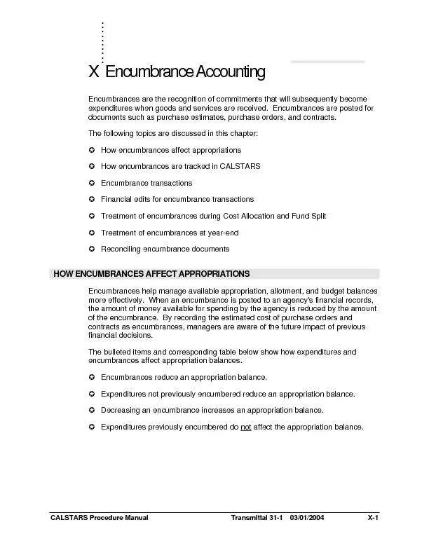 Volume 1, Chapter X Encumbrance Accounting
