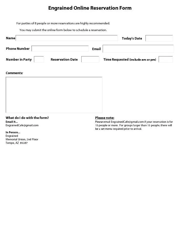 Engrained Online Reservation Form
