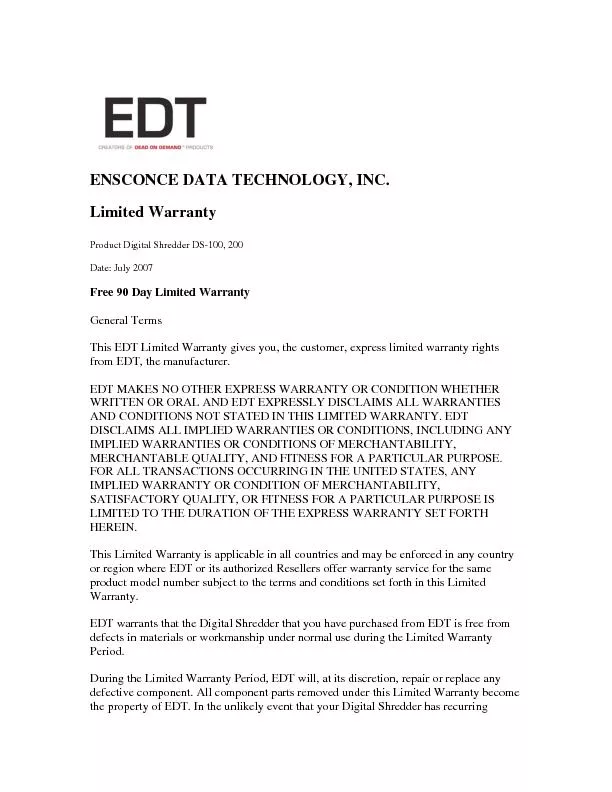 ENSCONCE DATA TECHNOLOGY, INC. Limited Warranty Product Digital Shredd