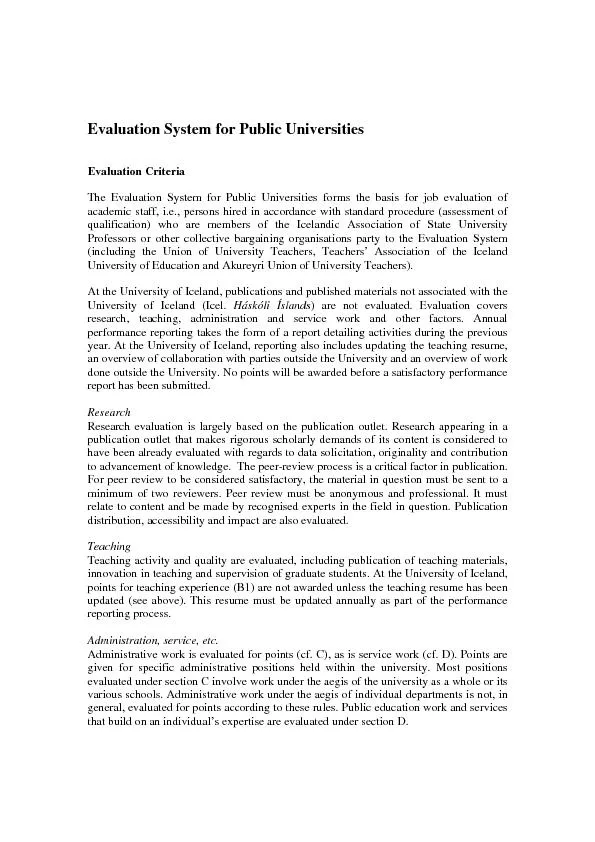 Evaluation System for Public Universities Evaluation Criteria The Eval