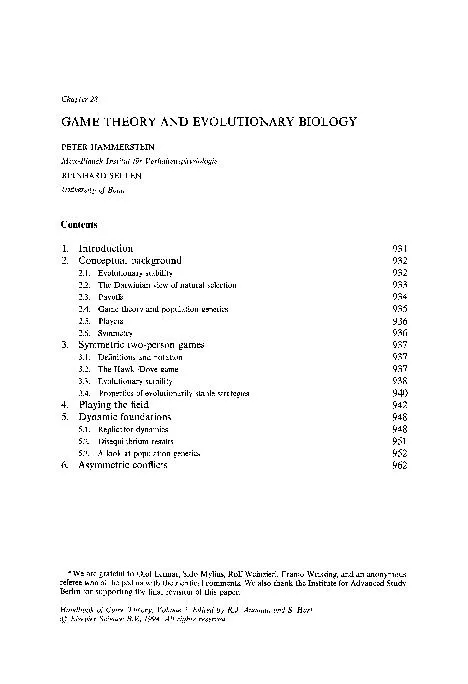 Chapter 28 GAME THEORY AND EVOLUTIONARY BIOLOGY Playing the Garne Theo