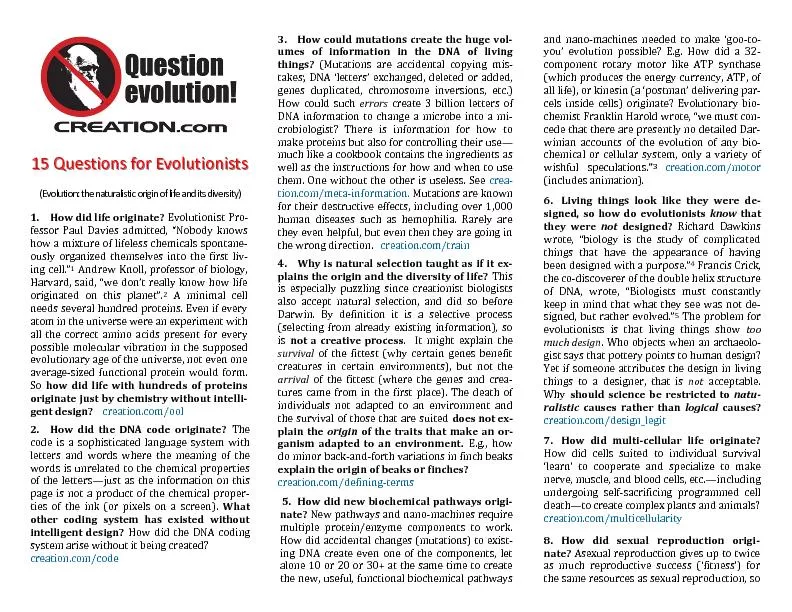 15 Questions for Evolutionists