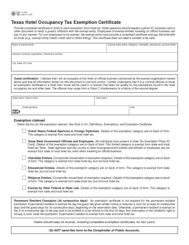 PDF Texas Hotel Occupancy Tax Exemption Certiother Document To Verify 