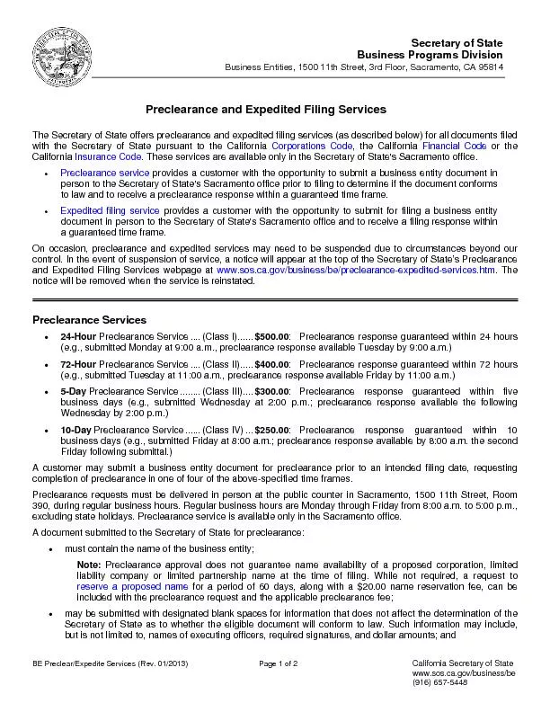 BE Preclear/Expedite Services (Rev. 01/2013)  Page 1 of 2 California S