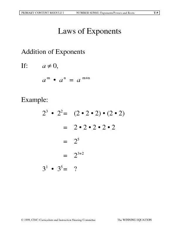 PRIMARY CONTENT MODULE INUMBER SENSE: Exponents/Powers and RootsT-9
..